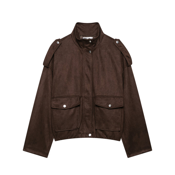 Damen Kurze Wildlederoptik-Fieldjacke mit Stehkragen, Pattentaschen und Schulterklappen Drune
