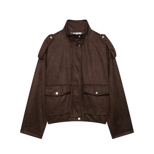 Damen Kurze Wildlederoptik-Fieldjacke mit Stehkragen, Pattentaschen und Schulterklappen Drune