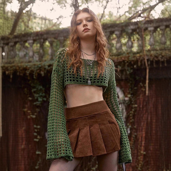 Damen luftiges gehäkeltes Crop-Top mit langen Ärmeln Drune