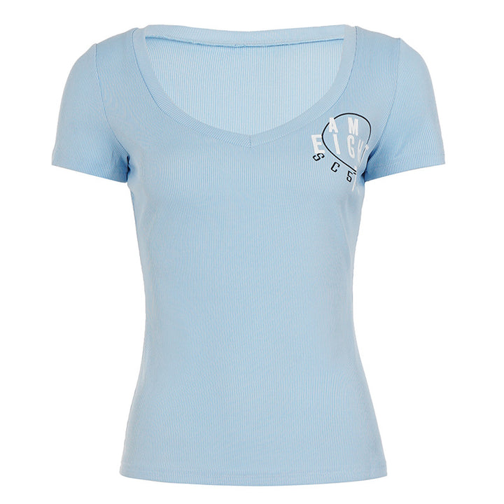 Damen Kurzarmshirt mit V-Ausschnitt und grafischem Print Drune