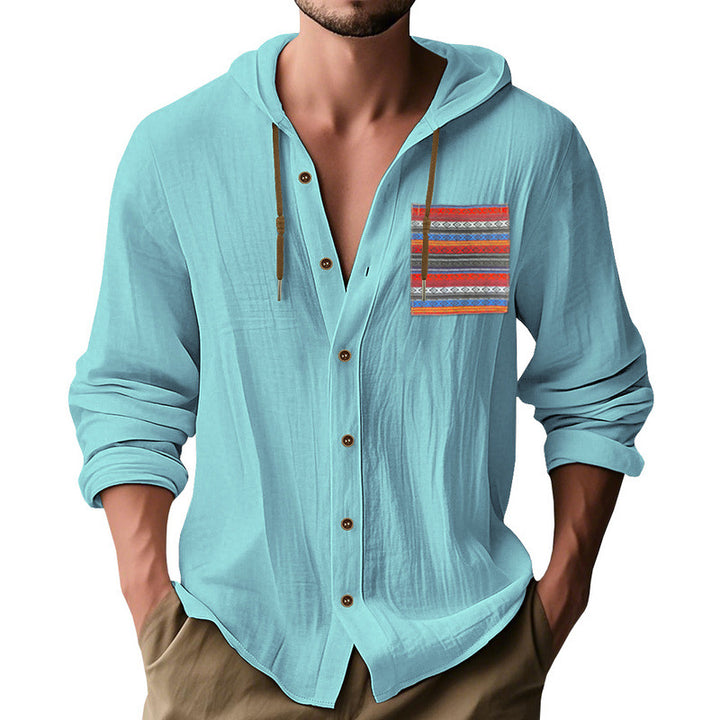 Herren nan leichte Kapuzenhemdjacke aus strukturierter Baumwollmischung mit Ethno‑Brusttasche und Knopfleiste Drune
