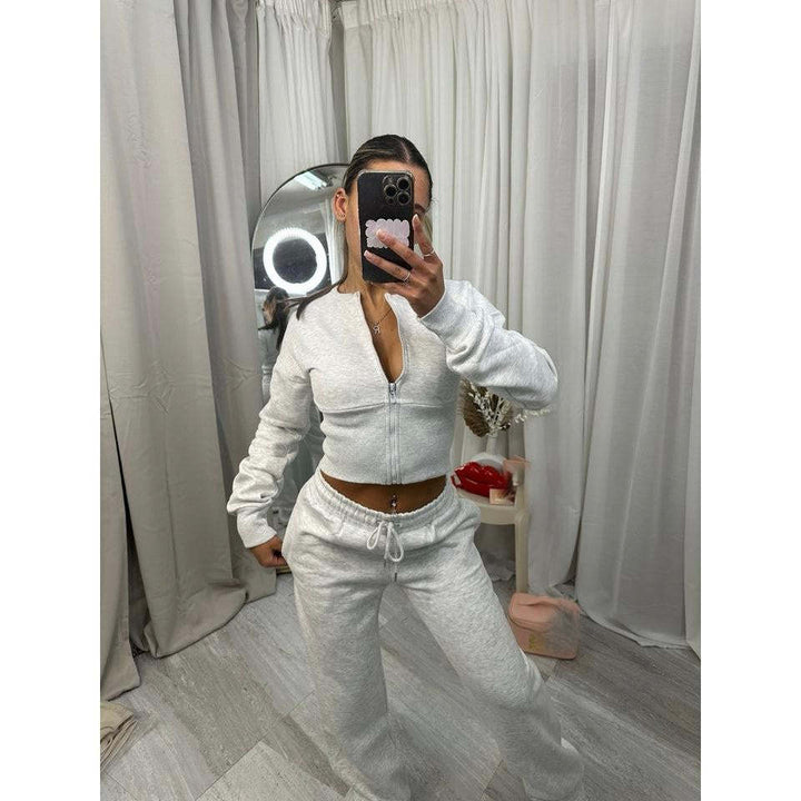Damen nan kurzes Zip-Cropped-Shirt mit formendem Bund und breite Relax-Sweatpants mit Tunnelzug Drune