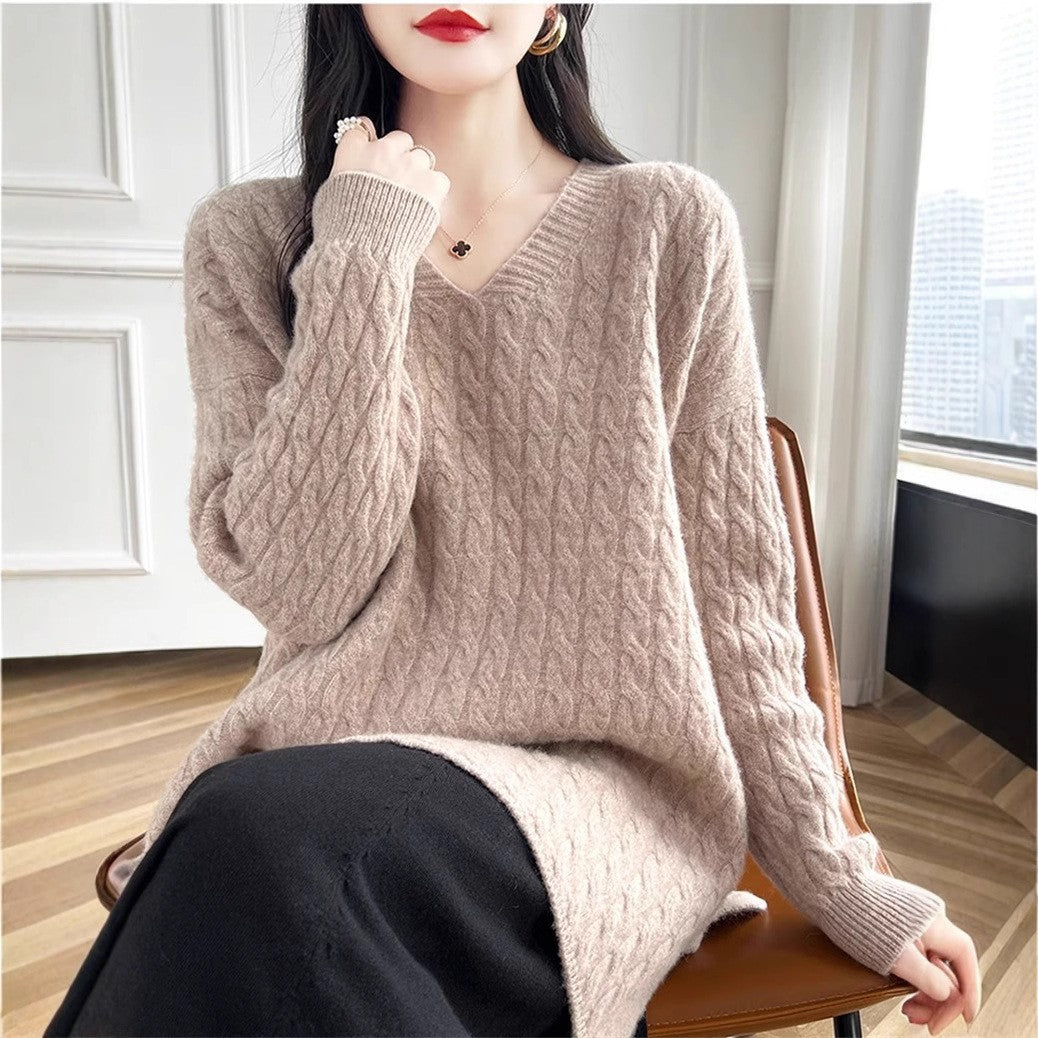 Damen Grobstrickpullover mit tiefem V-Ausschnitt und strukturierter Textur Drune