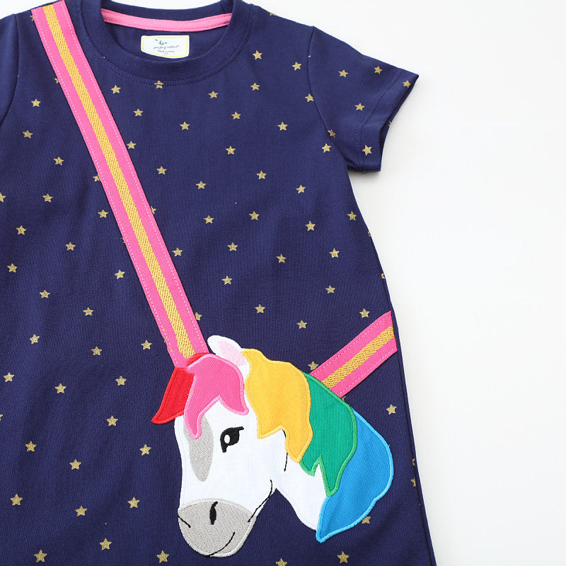 Mädchen Kurzarm Kleid mit bezauberndem Einhorn-Motiv Drune