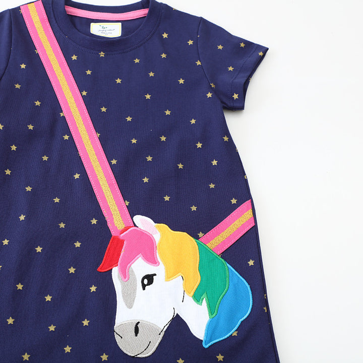Mädchen Kurzarm Kleid mit bezauberndem Einhorn-Motiv Drune