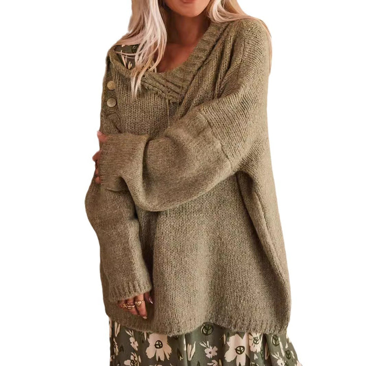 Damen Oversized Strickpullover mit hohen Kragen und dekorativen Knöpfen Drune