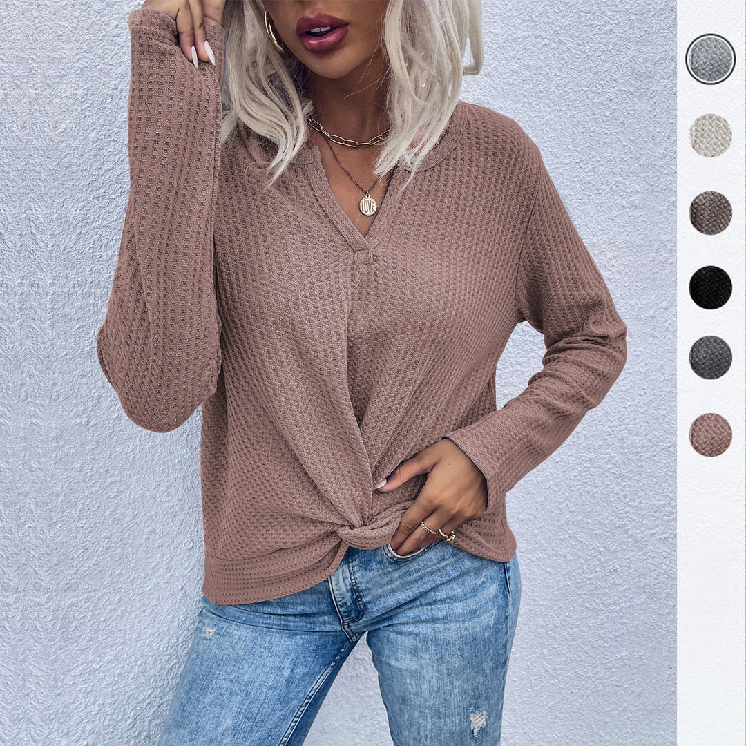 Damen Waffelstrick-Longsleeve mit V‑Ausschnitt und Knotenfront Drune