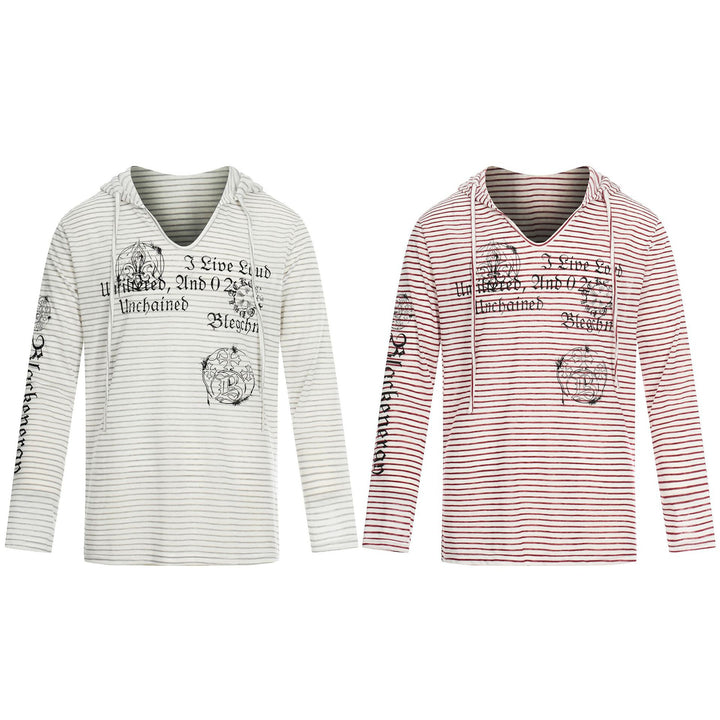 Damen Leichtes Kapuzen-Longsleeve mit V-Ausschnitt, Streifenmuster und Vintage-Print Drune