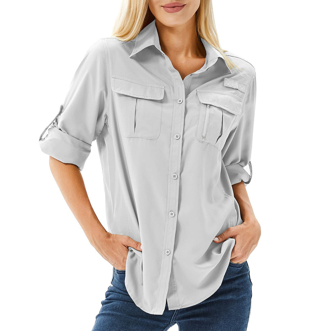 Damen lässige Bluse mit praktischen Taschen und umschlagbaren Ärmeln Drune