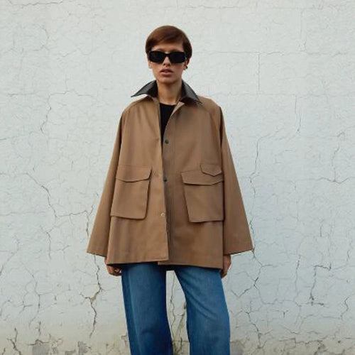 Damen Oversize utilitarische Jacke mit großen Pattentaschen und Kontrastkragen Drune