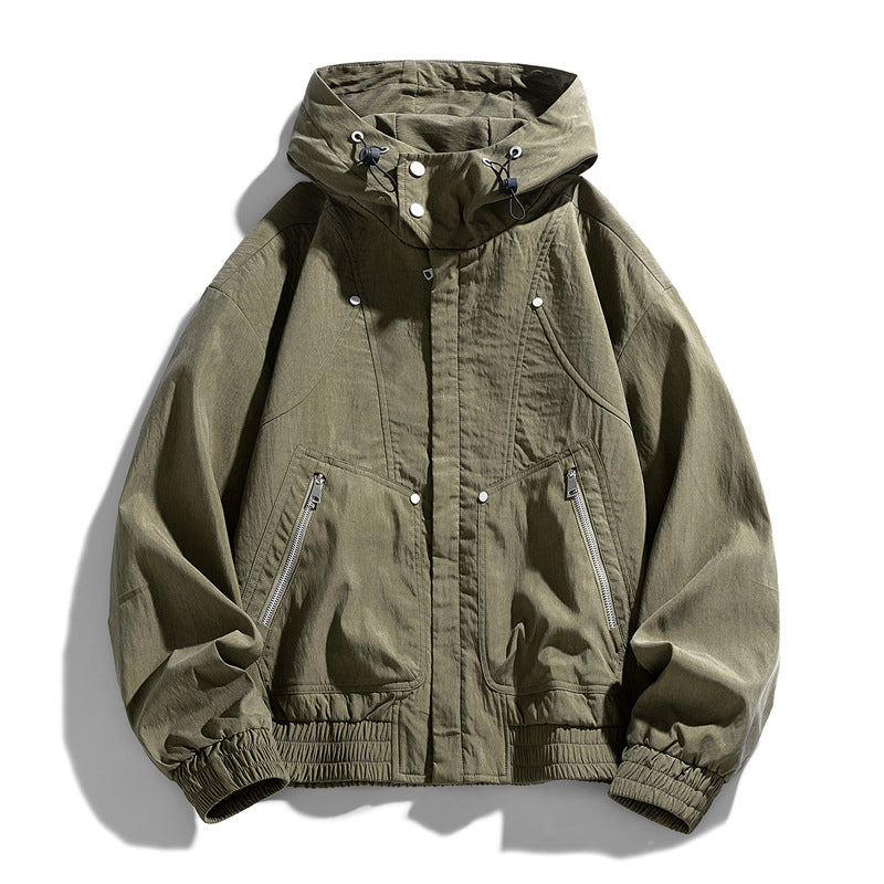 Herren Oversize Canvas-Utility-Kapuzenjacke mit versteckter Druckknopfleiste und Reißverschlusstaschen Drune