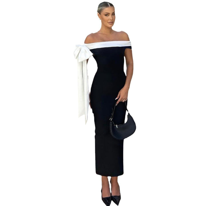 Damen Langarm Abendkleid mit schulterfreiem Design und raffinierten Schleifendetails Drune