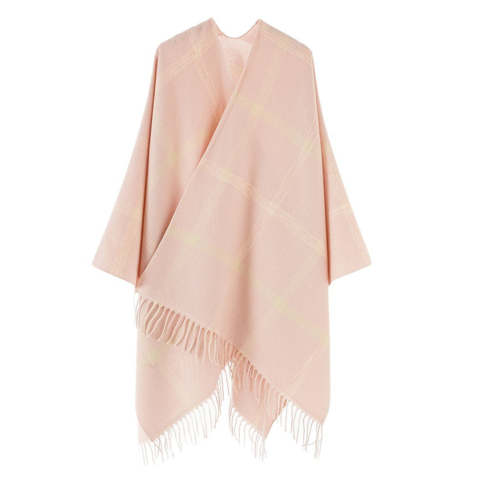 Damen Grobkarierter Wolloptik‑Poncho im Cape‑Schnitt mit lockerem Fall und Fransen Drune
