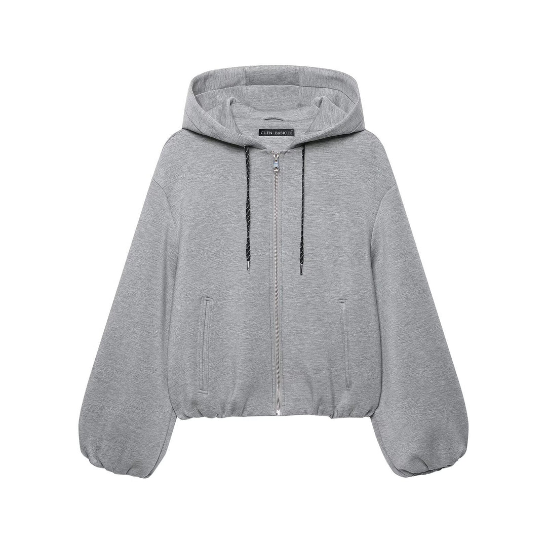 Damen Cropped Kapuzen-Sweatjacke mit Ballonärmeln und Tunnelzug Drune