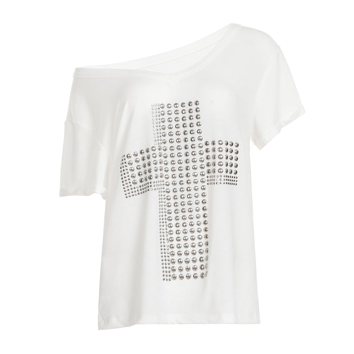 Damen V-Ausschnitt T-Shirt mit stilvollem Nieten-Dekor Drune