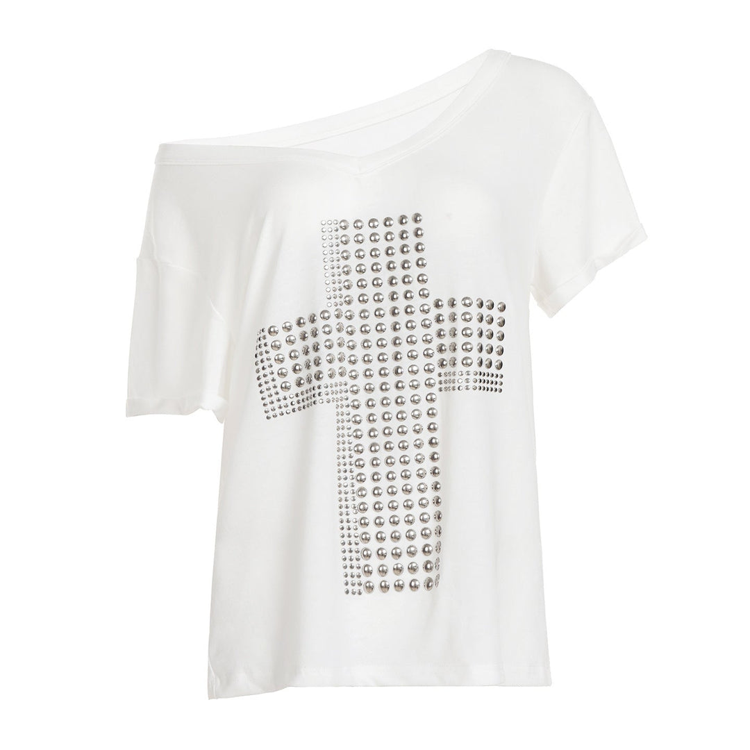 Damen V-Ausschnitt T-Shirt mit stilvollem Nieten-Dekor Drune