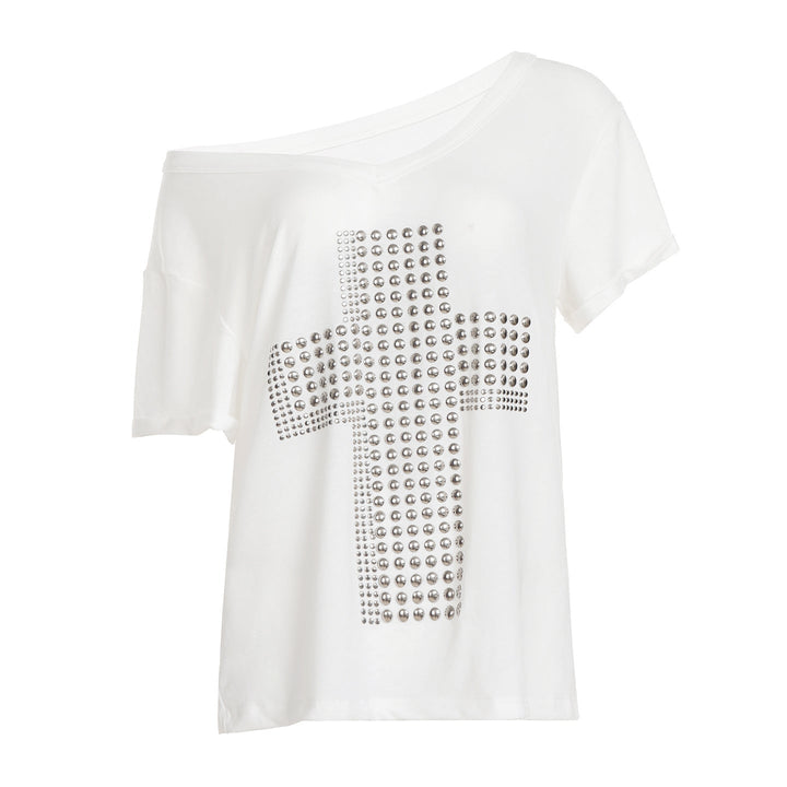 Damen V-Ausschnitt T-Shirt mit stilvollem Nieten-Dekor Drune