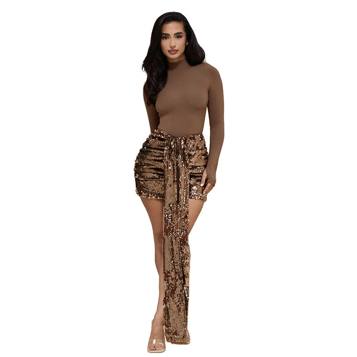 Damen Elegantes Mini-Kleid mit Glitzerdetails und Schärpe Drune