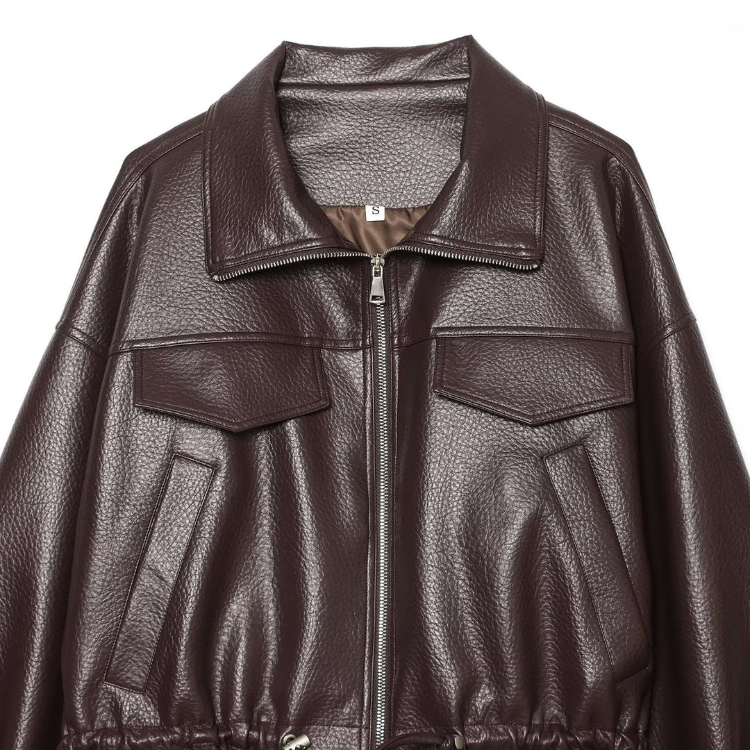 Damen Cropped Kunstlederblouson mit hohem Stehkragen, Pattentaschen und Tunnelzug Drune