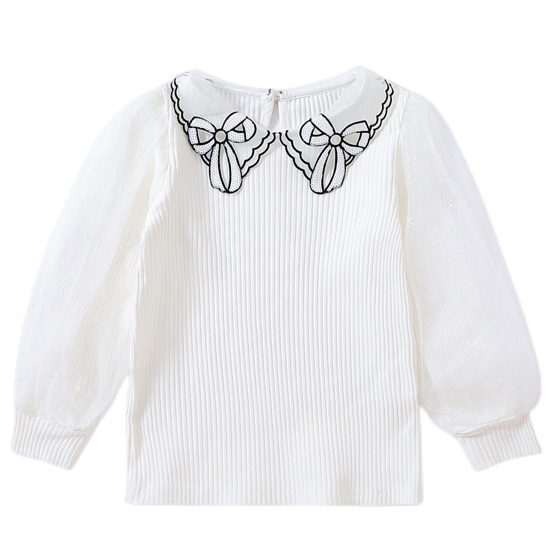 Mädchen Bluse mit transparenter Puffärmel und besticktem Kragen Drune
