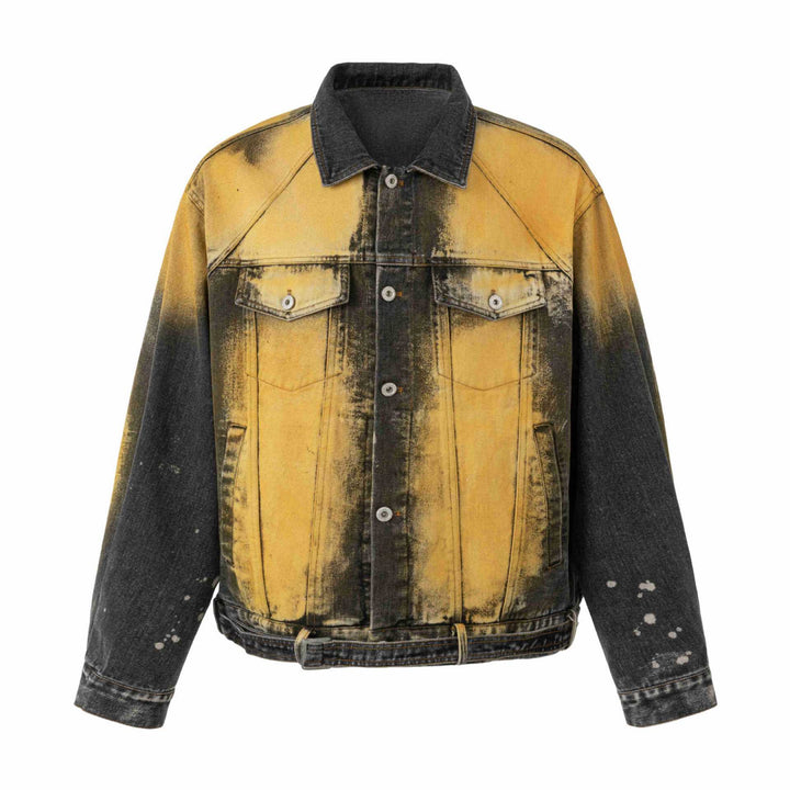 Herren Oversized Jeansjacke Vintage-gewaschen mit Splatter‑Effekt und verstellbarem Bund Drune