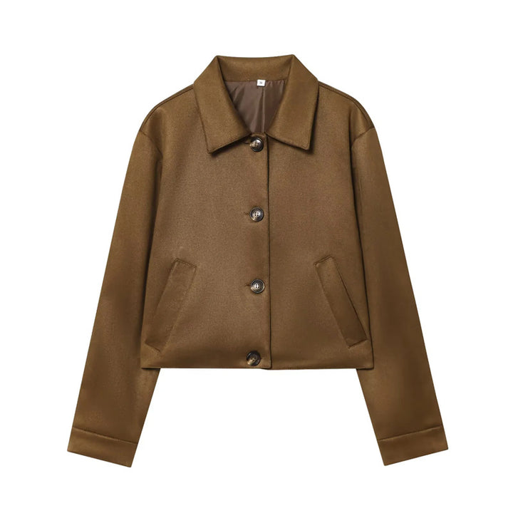Damen nan kurze taillierte Boxy-Jacke mit Hemdkragen, Eingrifftaschen und durchgehender Knopfleiste Drune