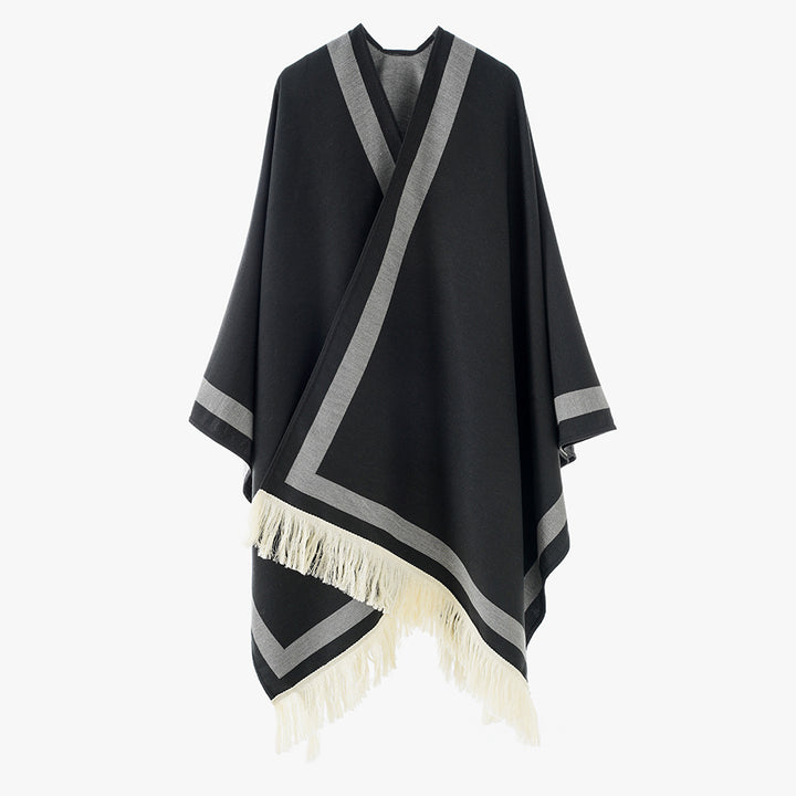 Damen Gefütterter Oversize‑Capeponcho im Kimono‑Schnitt mit Kontrastbordüre und Fransensaum Drune