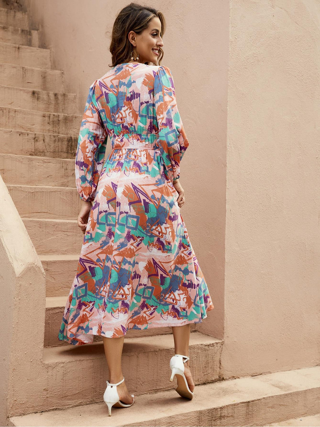 Damen Elegantes Maxikleid mit tiefem V-Ausschnitt und voluminösen Ärmeln Drune