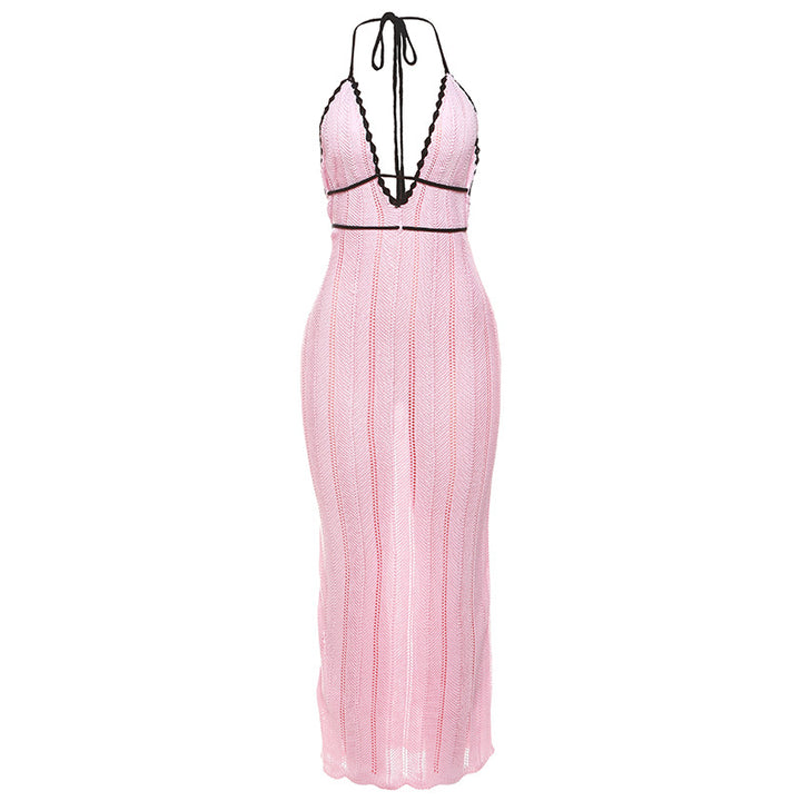 Damen Strick Maxikleid mit tiefem V-Ausschnitt und Bindebändern Drune