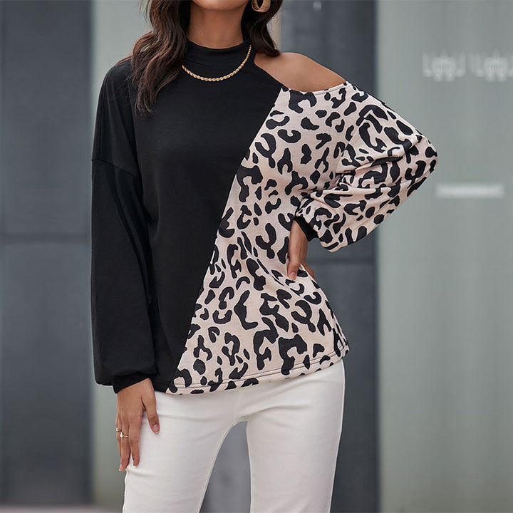 Damen Schulterfreies Sweatshirt mit Leoparden-Panel und Stehkragen Drune