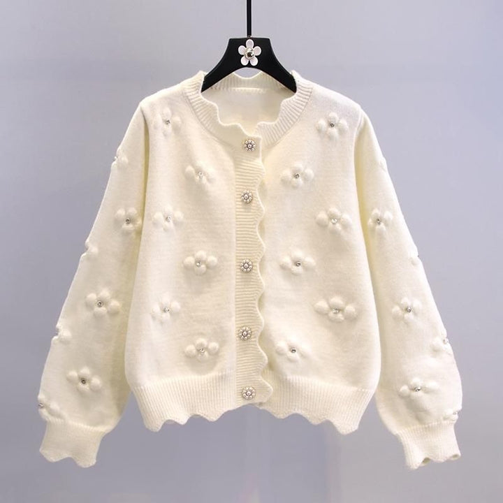 Damen verspielter Strickcardigan mit dekorativen Perlenknöpfen und floralem Design Drune