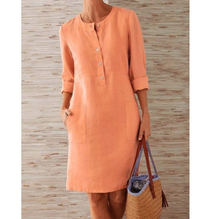 Damen Leichtes Leinenkleid mit praktischen Taschen und angesagtem Knopfdesign Drune