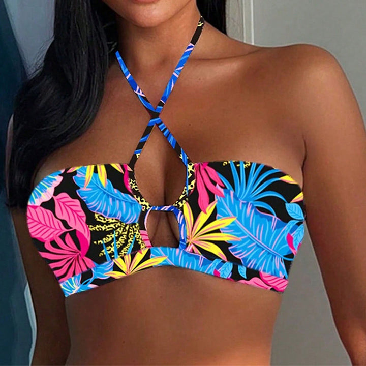 Damen Bandeau-Bikini-Top mit kreativem Kreuzdesign und Blätterprint Drune