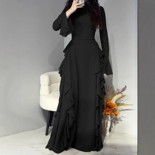 Damen nan Maxikleid mit Volantbesatz, taillierter Empire‑Silhouette und langen Glockenärmeln Drune