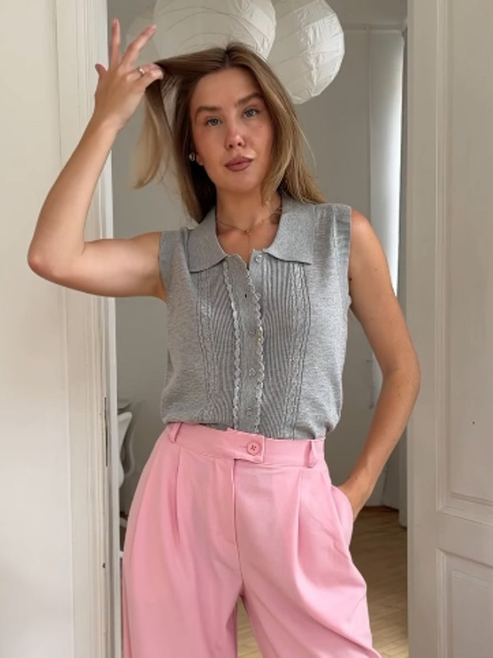 Damen Ärmelloses Stricktop mit Hemdkragen, Zierknopfleiste und feiner Strukturierung Drune
