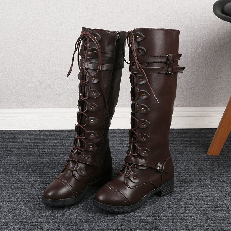 Damen  kniehohe Schnürstiefel mit seitlichem Reißverschluss, verstellbaren Zierriemen und profilierter Gummisohle Drune