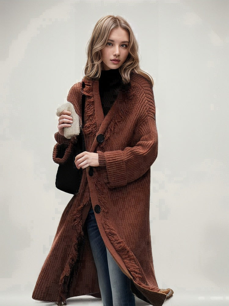 Damen Grobstrickmantel mit Fransen und elegantem Knopfverschluss Drune