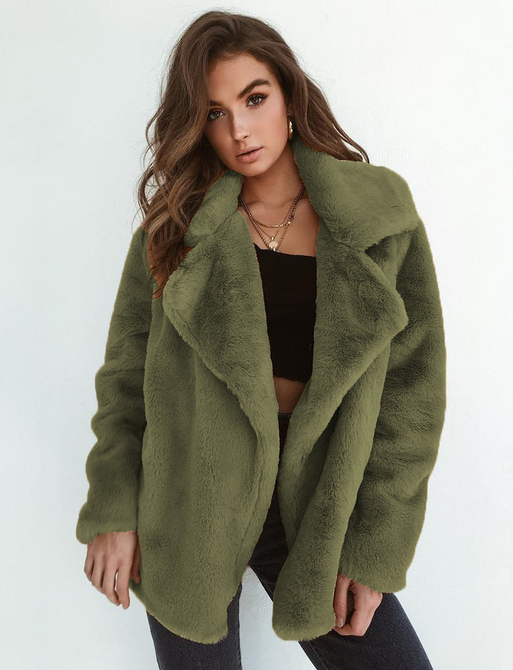 Damen Kuscheliger Oversized Kunstpelz-Mantel mit großem Reverskragen Drune