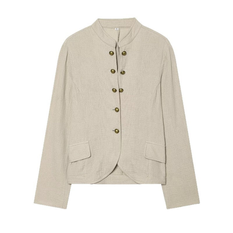 Damen Boxy-Leinenblazer mit Stehkragen, dekorativer Knopfleiste und Pattentaschen Drune