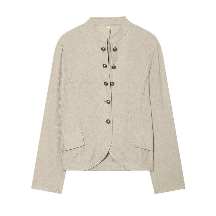 Damen Boxy-Leinenblazer mit Stehkragen, dekorativer Knopfleiste und Pattentaschen Drune