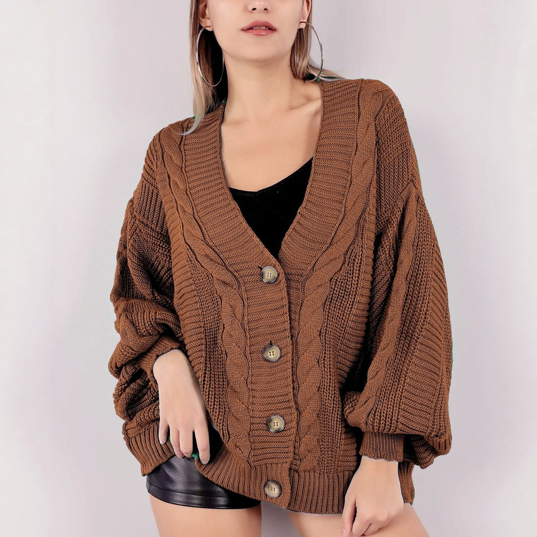 Damen Grobstrick-Cardigan mit großen Knopfdetails und voluminösen Ärmeln Drune