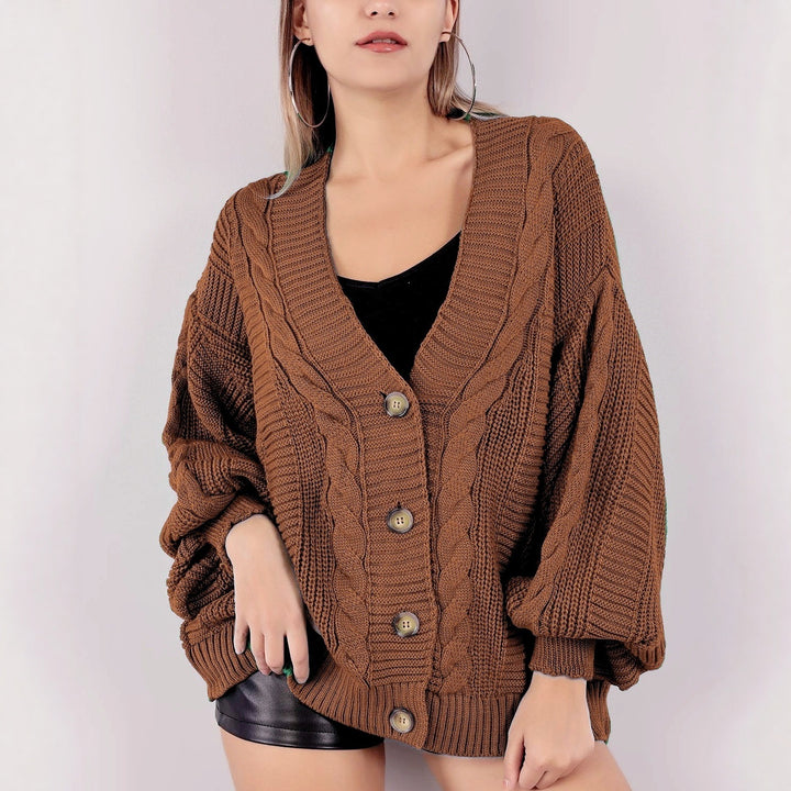 Damen Grobstrick-Cardigan mit großen Knopfdetails und voluminösen Ärmeln Drune