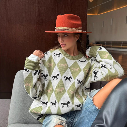 Damen Oversize Strickpullover mit Argyle-Muster und Pferde-Motiv Drune
