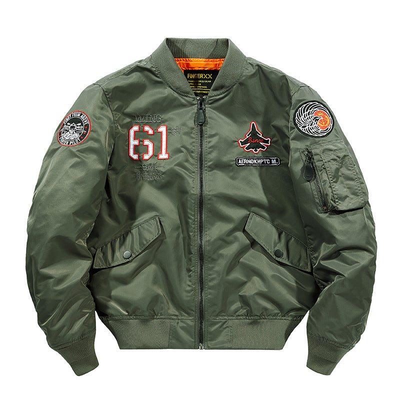Herren  Kontrast-gefütterte bestickte Patches Piloten Bomberjacke mit Utility-Ärmeltasche Drune