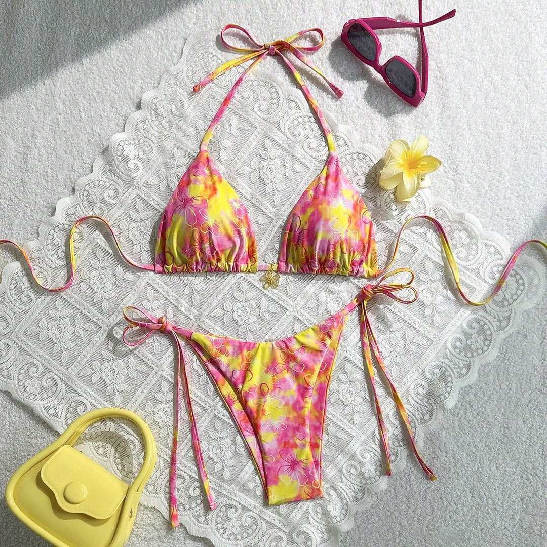 Damen Triangel-Bikini mit verstellbaren Bändern und buntem Blumenmuster Drune