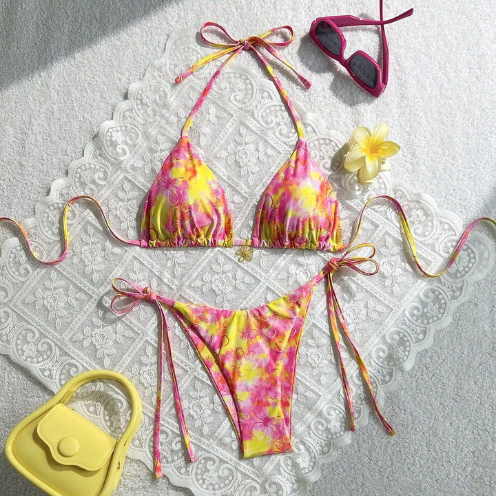 Damen Triangel-Bikini mit verstellbaren Bändern und buntem Blumenmuster Drune