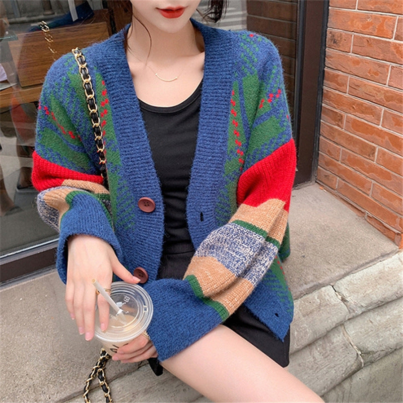 Damen Grobstrick-Cardigan mit buntem Karomuster und großen Holzknöpfen Drune