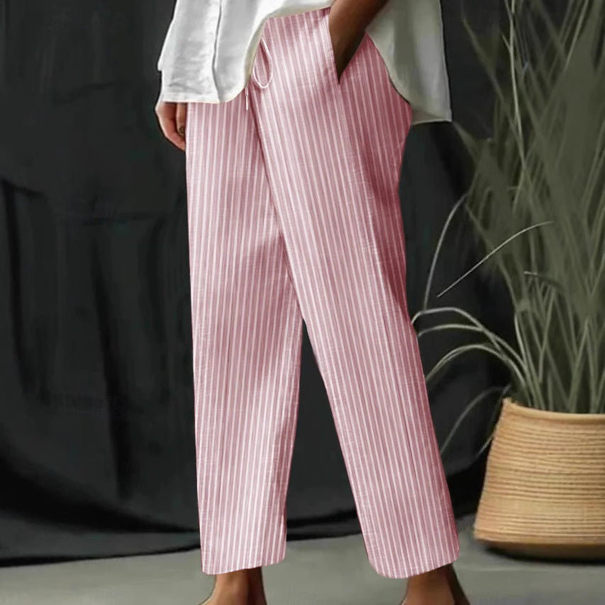 Damen gestreifte Leinen-Optik-Hose mit hohem Bund, Kordelzug und geradem, cropped Schnitt Drune