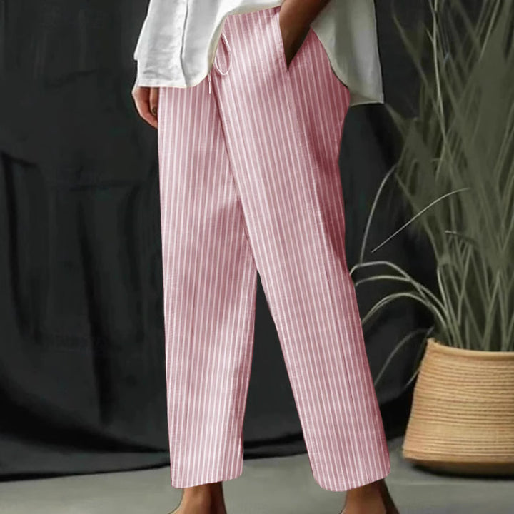 Damen gestreifte Leinen-Optik-Hose mit hohem Bund, Kordelzug und geradem, cropped Schnitt Drune