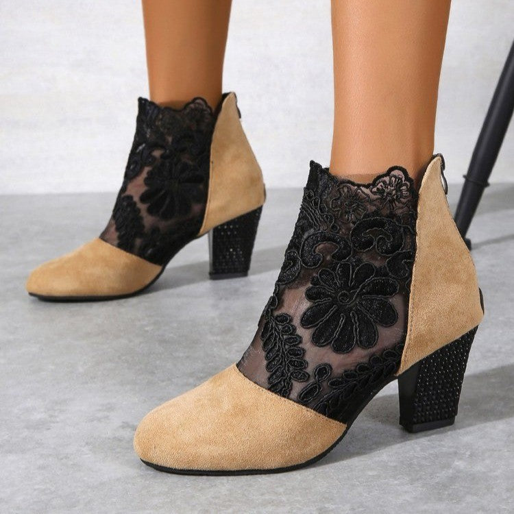 Damen elegante Ankle-Stiefeletten mit floralen Spitzenverzierungen Drune